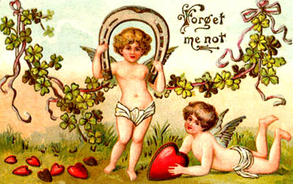 antique valentine two cupids red love hearts card