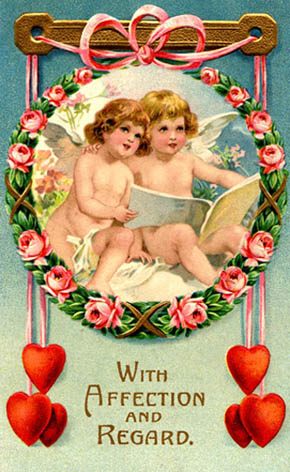 old style postcard angesl loe hearts