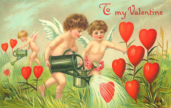 cupids watering love heart flowers