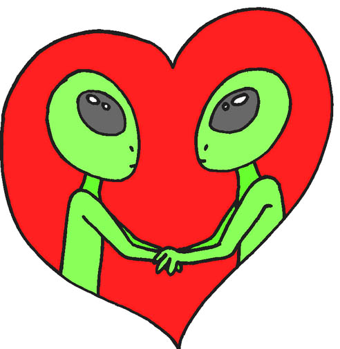 Aliens shaking hands in red love heart