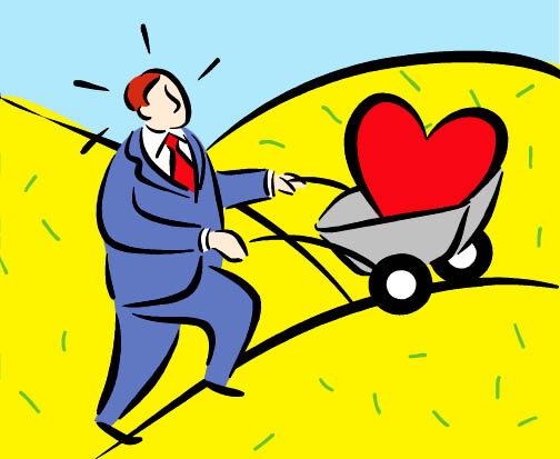 man pushing heart in wheelbarrow uphill