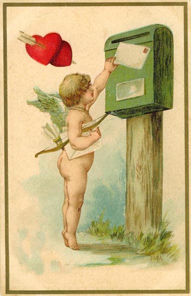old Valentine card cupid sends love letter