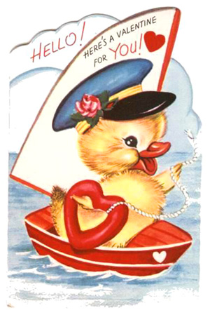 Love Tips - vintage valentine card - cute duckling sailing a boat - red love heart drawing